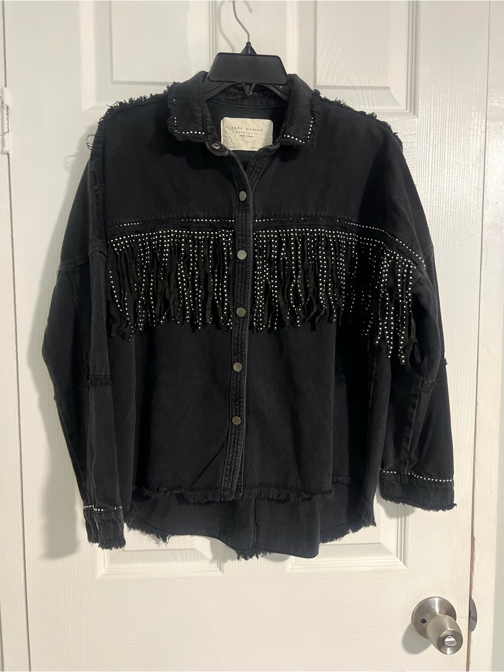Zara Black Studded Fringe Denim Jacket